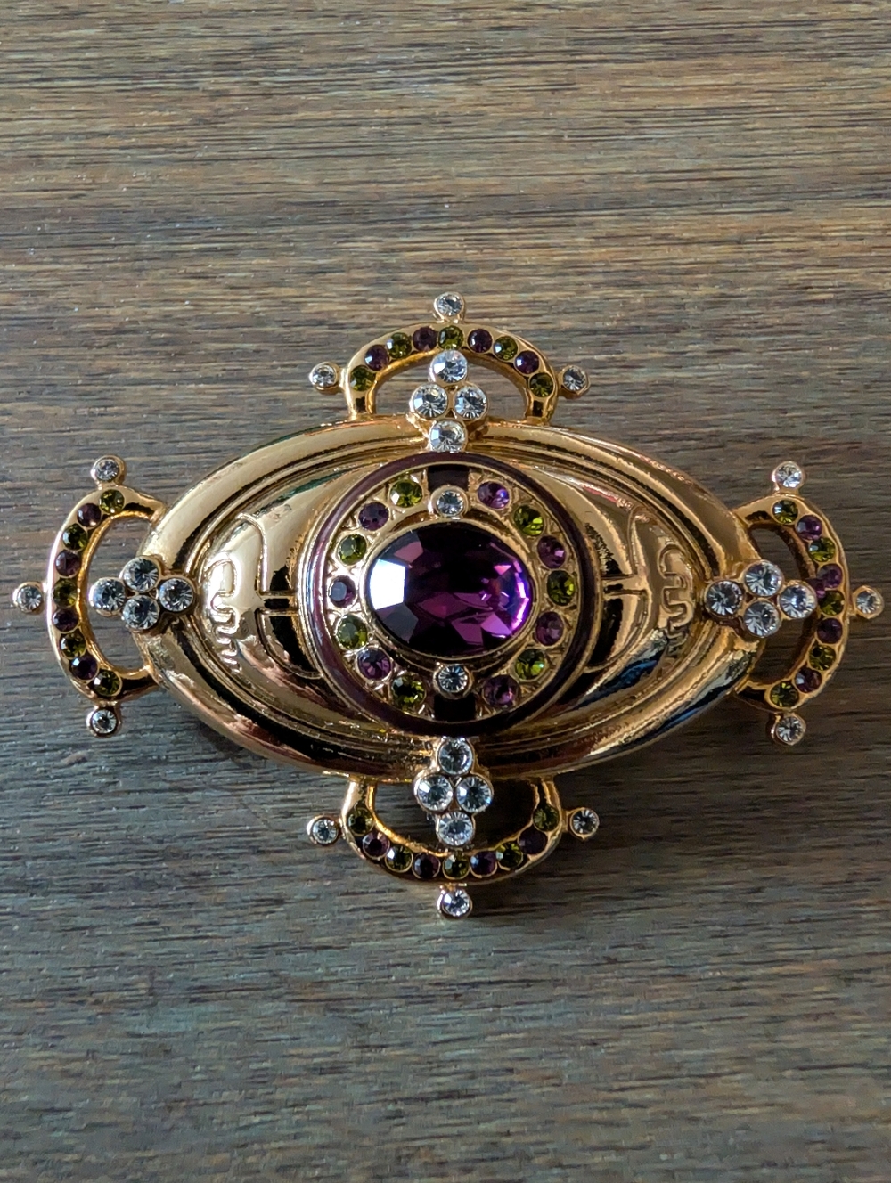 ADRIAN LEBETKIN BROOCH SIGNED VINTAGE JEWELRY ETRUSCAN REVIVAL PURPLE GREEN